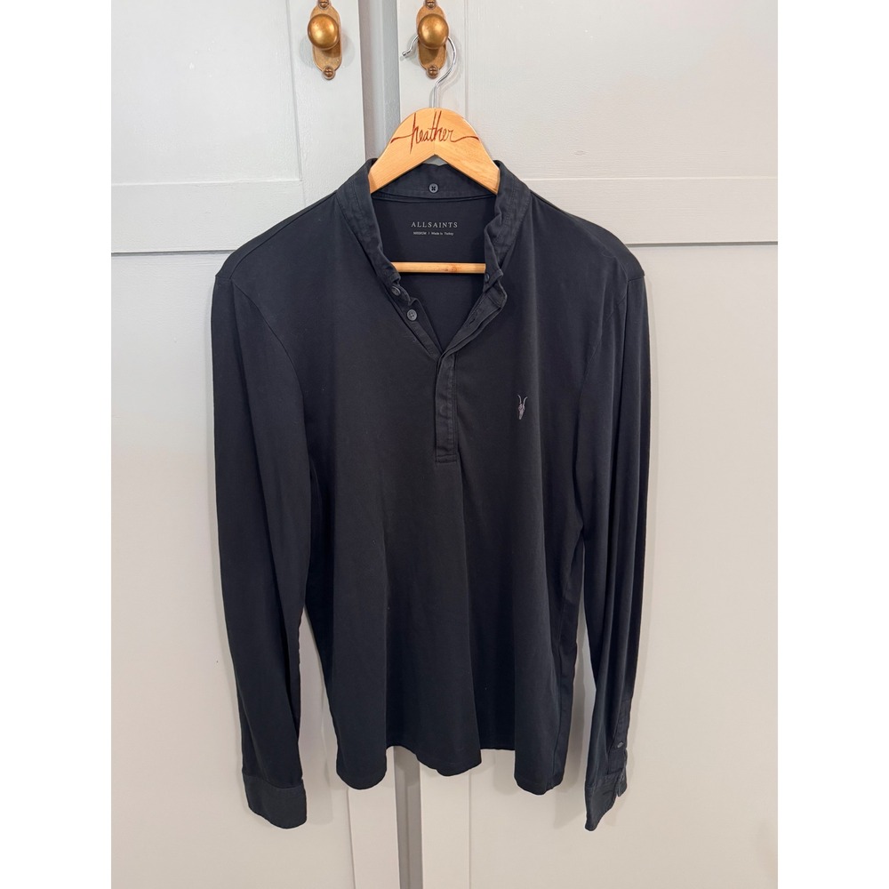 AllSaints Mens Long Sleeve Band Collar Polo Shirt Black Ramskull Logo Medium